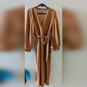 Women's Plus Size V Neck Lantern Sleeve Midi Belted Bodycon Dress Khaki Brown 1